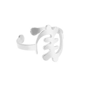 Close-up of adjustable silver steel ring with Adinkra Gye Nyame symbol detail