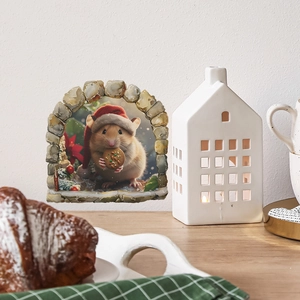 Detailed view of 3D Christmas mouse hole wall decal with hamster and red Santa hat