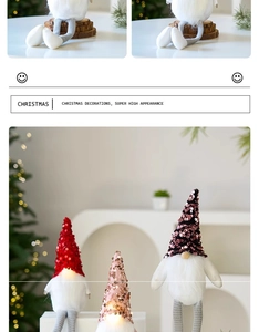 Detail of sequined hats and glowing LED lights on festive Christmas gnome plush dolls