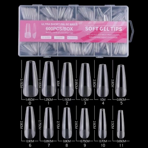 600pcs ultra short clear soft gel false nail tips in 12 sizes with detailed measurements