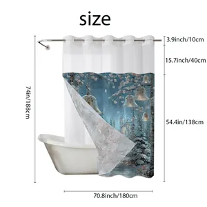 Detailed size chart for waterproof shower curtain with winter landscape and grommets