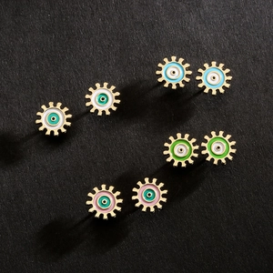 Evil Eye Stud Earrings Copper 18K Gold Plated Colorful Enamel Sunburst Gear Geometric Jewelry For Women