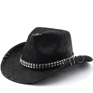 Chapeau De Cowboy Occidental Simili Cuir Punk Rivet Anneau Métallique Bord Large Vintage Jazz Pour Hommes Femmes