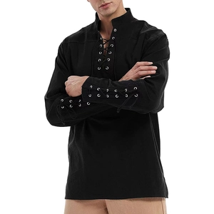 Polo rétro gothique noir pour homme avec œillets de laçage et col montant de pirate