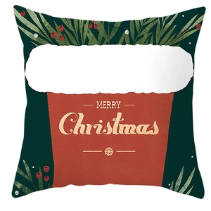 Detail of green and red Christmas pillowcase with Merry Christmas text and rhinestones