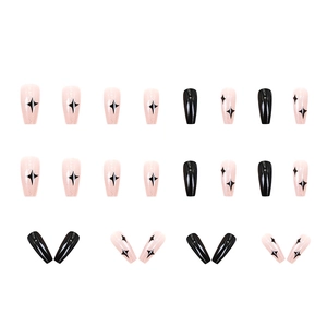 Faux ongles longs trapèze dégradés noir et rose avec motifs d'étoiles scintillantes