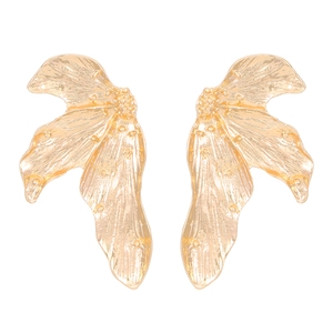 Artistic gold irregular leaf petal earrings with natural vein texture on white background