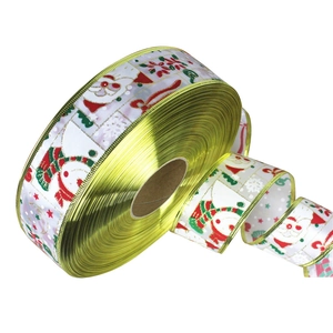 2M Christmas ribbon with gold edges featuring Santa and snowman patterns for tree decor