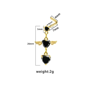 L-shaped gold nose stud featuring heart wing design with black gem and size specs