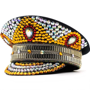 Luxurious Rhinestone Studded Captain Hat With Gold Chain Performance Stage Military Cap For Women Party Carnival