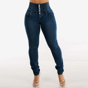 Details einer dunkelblauen High-Waist Skinny Jeans mit elastischem Vier-Knopf-Bund