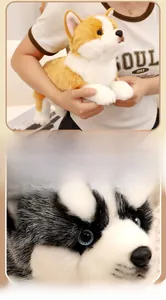 Detail of high-transparency acrylic eyes on realistic corgi and husky plush toys