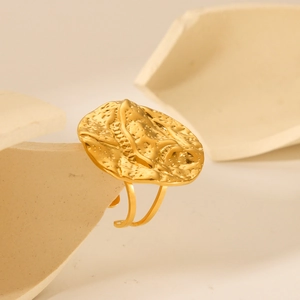 Hammered Texture Ring 18K Gold Plated Stainless Steel Irregular Round Lava Open Adjustable Exaggerated Minimalist For Women