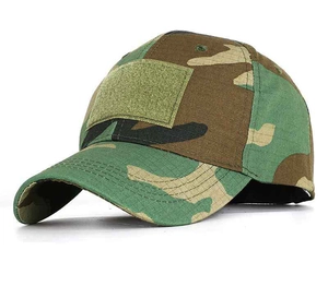 Close-up of jungle camouflage tactical baseball cap featuring a front velcro patch area