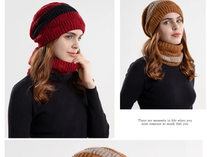 Close-up of winter knitted beanie and scarf set featuring thick ribbed texture and stripes
