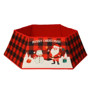 Hexagonal red and black buffalo plaid Christmas tree collar with festive Santa graphics