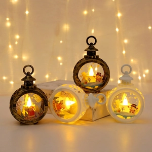 Group of four Christmas LED lanterns with Santa and snowman patterns on marble