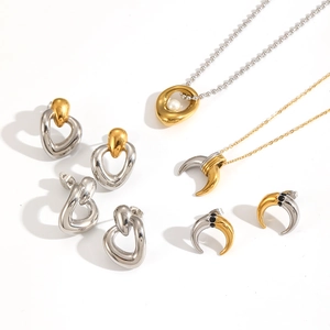 Parure bijoux bicolore en acier inoxydable avec colliers, boucles d'oreilles et perles