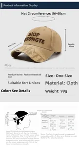 Size chart for distressed baseball cap with 56-60cm circumference and head measuring guide