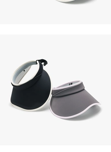 Detail of wide brim UV protection sun hats with adjustable straps in black and grey