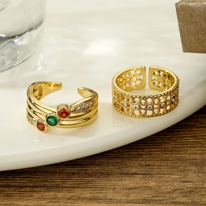 Gold-plated adjustable rings with colorful zircon gemstones and hollow floral patterns