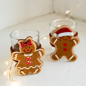 Lebkuchenmann Kerzenhalter-Set mit Holz- und Filzdetails für Weihnachtsdeko