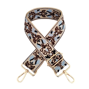 Tracolla etnica jacquard per borse con motivo beige blu e ganci in metallo dorato