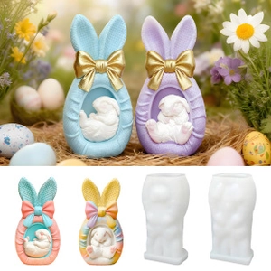 Macro view of silicone mold for Easter egg resin craft with rabbit and bow design