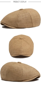 Three-angle views showing camel woven straw newsboy hat texture and retro design details