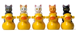 Set of five plastic cat figurines riding yellow rubber ducks for garden landscape