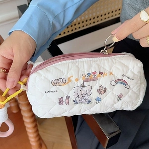Quilted white stationery pouch with cute cartoon prints and pink zipper for students