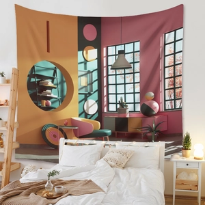 Detail of bohemian geometric tapestry with abstract wall art hanging over a cozy bed