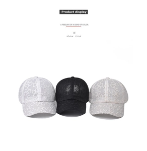 Detailed view of three lace mesh baseball caps in white, black, and beige colors