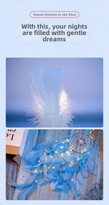Macro detail of sky blue feathers and LED lights on a handmade dream catcher