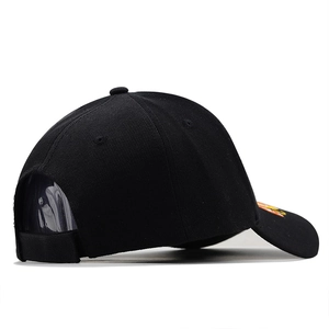Side view of structured black cotton twill baseball cap with colorful embroidery details