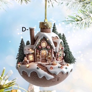 Detail of Christmas gingerbread house car ornament with snowy trees and warm yellow windows