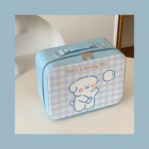 Vue détaillée de la trousse à maquillage bleue 24x11x18cm avec poignée et zip double
