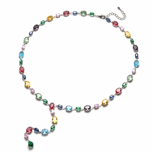 Colorful oval-cut crystal Y-necklace with silver chain and elegant fringe tassel drop