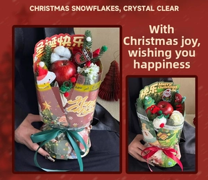 Close-up of Christmas flower arrangement with apples, pine branches, and festive ornaments