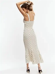 Summer backless polka dot dress for women featuring wide straps and fishtail hemline
