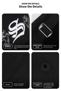 Detail view of bird embroidery, metal buckle adjustment and air vents on black cotton cap