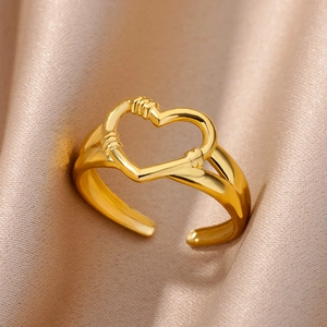 Minimalist 18k gold plated stainless steel open ring with hollow heart-shaped design
