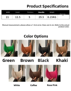 Detailed size chart and multi-color selection for the crescent shaped PU leather handbag