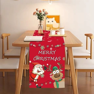 Festive red Merry Christmas table runner with cartoon Santa Claus and reindeer on a table