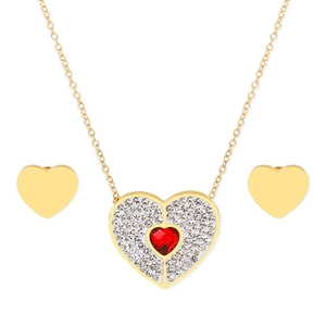 Elegant gold heart jewelry set featuring red crystal necklace and matching stud earrings