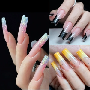 Three styles of long coffin press-on nails with pink glitter tips and star patterns