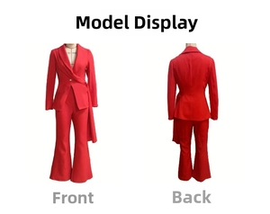 Front and back detail of a red slim-fit blazer suit with waist tie and flare trousers