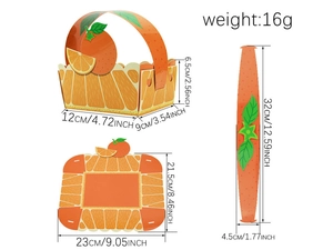 Detailed dimensions of orange DIY candy gift box with assembly and handle measurements