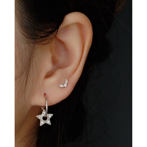 Sparkling 925 sterling silver star pendant hoop earrings and marquise zircon studs on ear