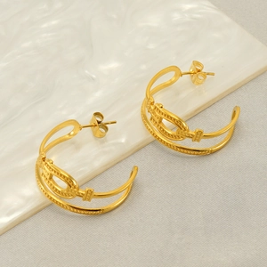 Boucles D'oreilles Créoles En C Pour Femmes Acier Inoxydable Plaqué Or 18K Multi Couches Texture Perle Géométrique
